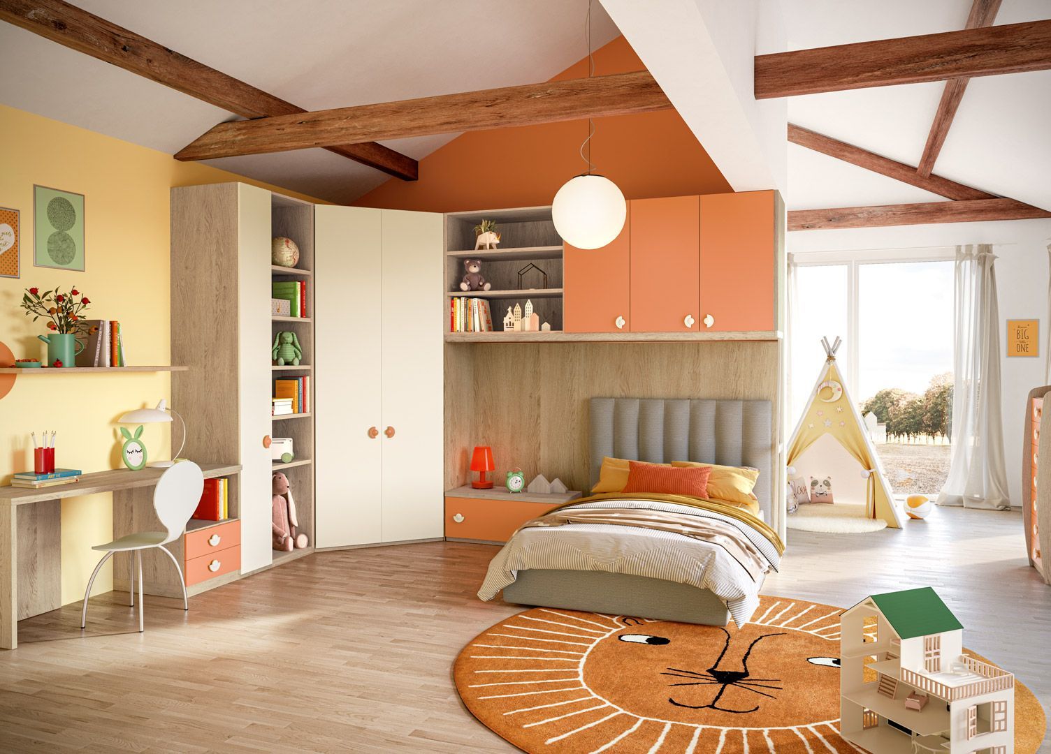 Cameretta per bambini con letto, scrivania e mobile contenitore con dettagli arancioni. .