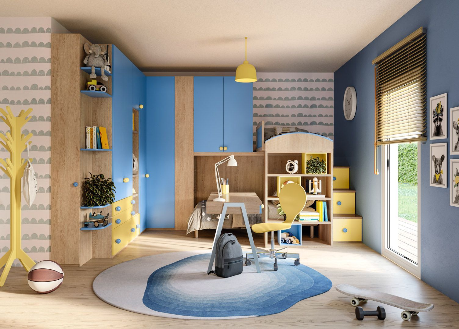 La cameretta di un bambino con pareti blu, mobili in legno, un tappeto rotondo e uno skateboard.