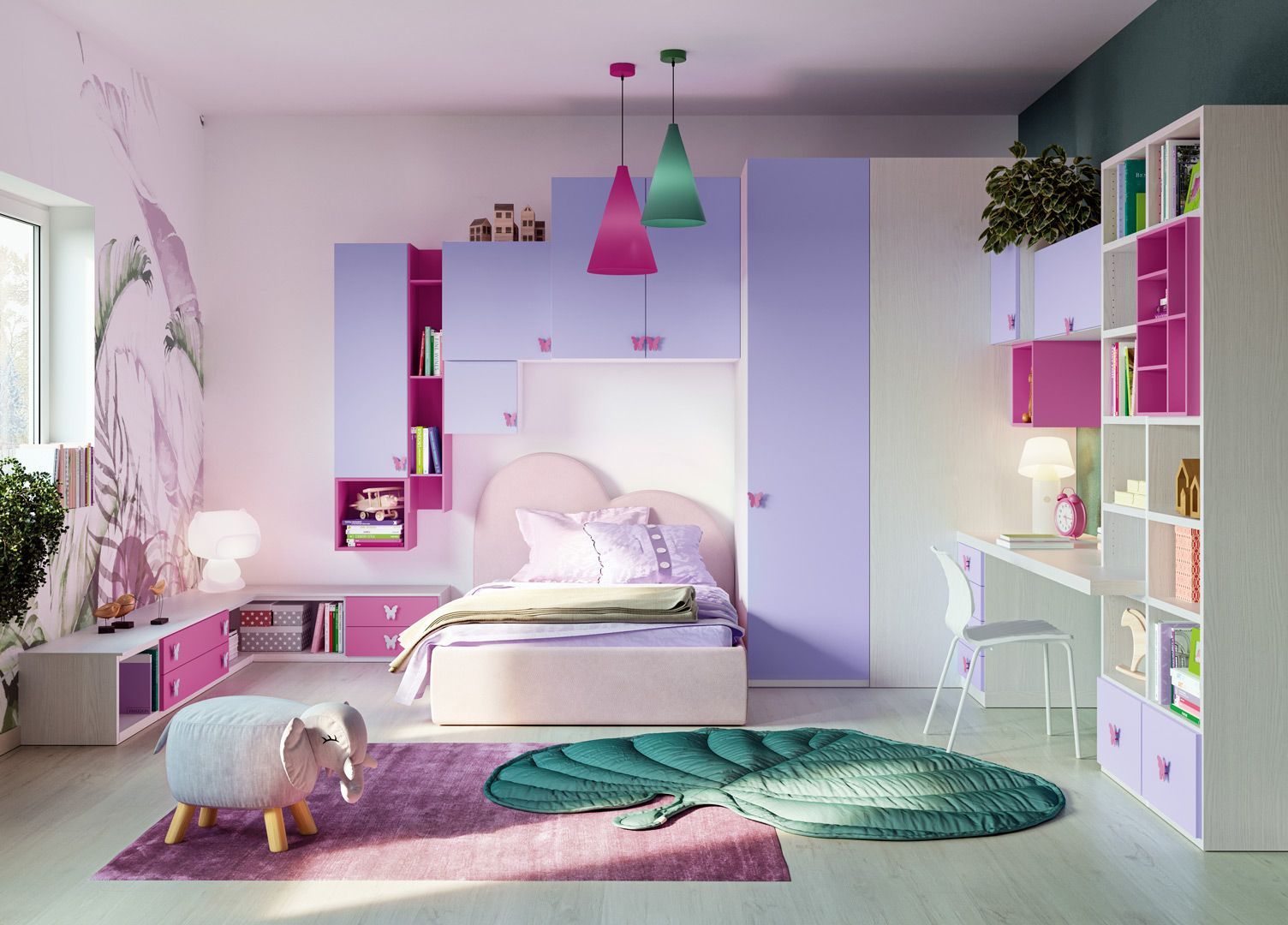 Una camera da letto viola e rosa con letto, scrivania e scaffali. .