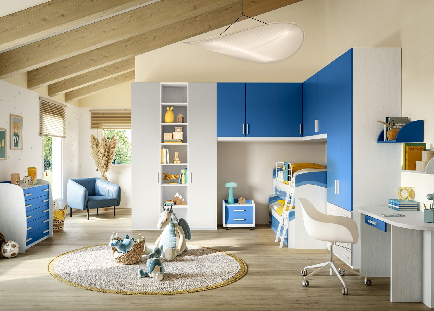Cameretta per bambini con mobili blu e bianchi, letto a castello incorporato, scrivania e zona soggiorno.