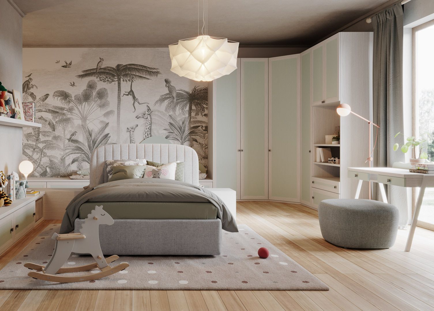 Cameretta per bambini con letto, murale, scrivania e armadio in tonalità tenui e neutre.
