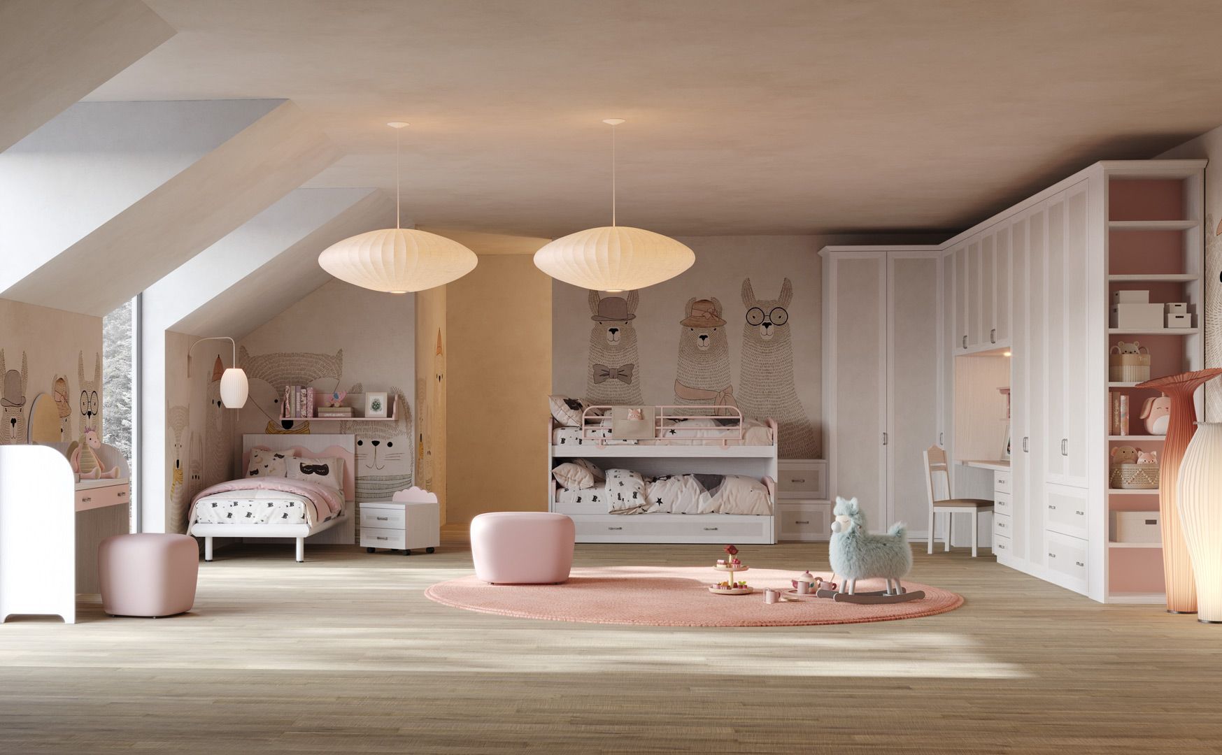 Camera da letto per bambini con pavimenti in legno chiaro e dettagli rosa. Dispone di letti, armadi e lampade decorative.