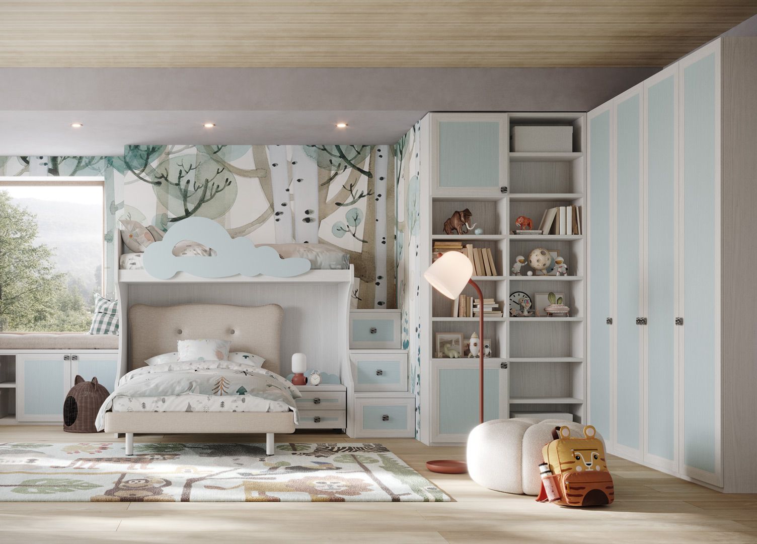 Una cameretta per bambini con un letto a castello, carta da parati colorata e un grande armadio.