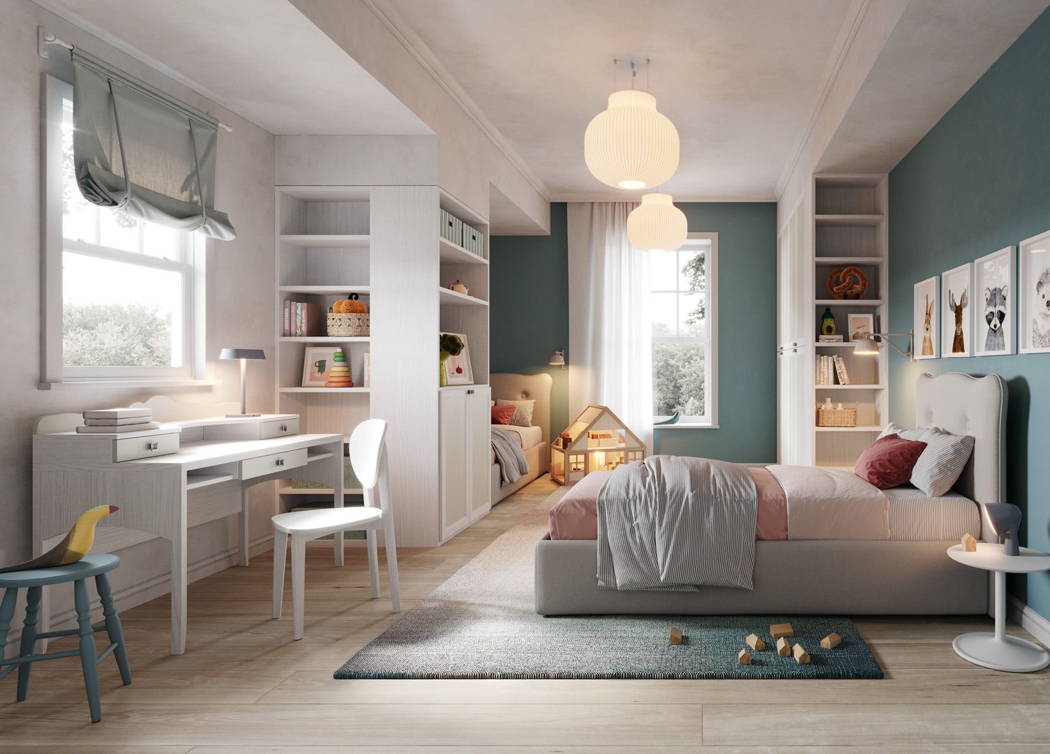 Camera da letto per bambini con scrivania, letto e scaffali; combinazione di colori bianco e verde acqua, luce naturale.