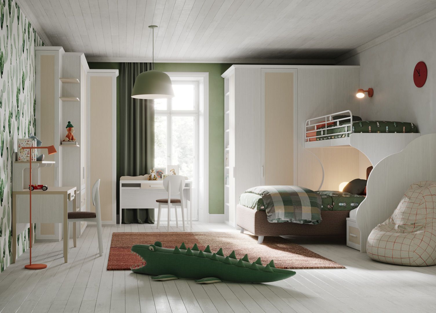 Camera da letto per bambini con letto a castello, scrivania, tappeto verde.
