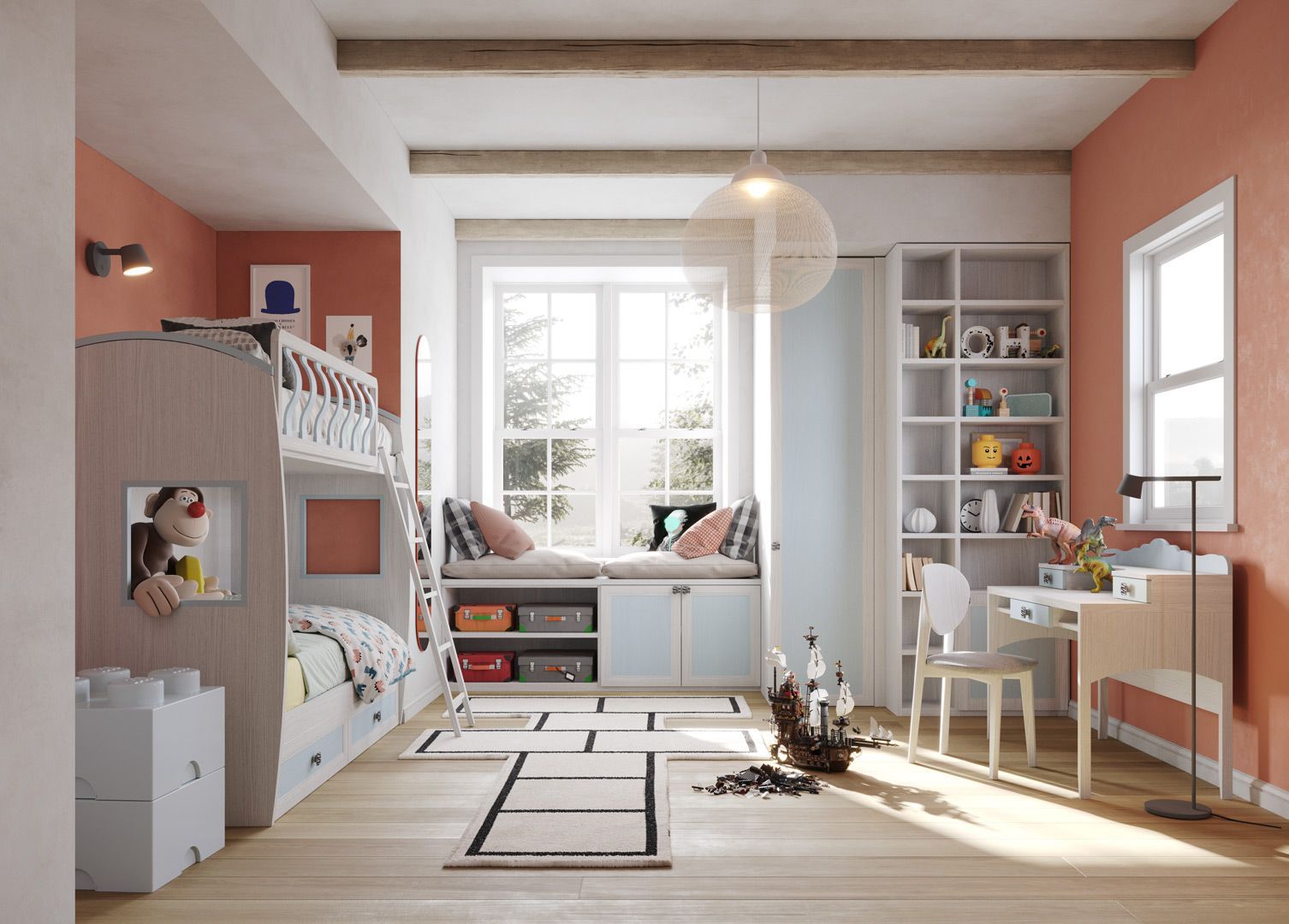 Una cameretta per bambini luminosa e ariosa, con un letto a castello, un sedile vicino alla finestra e una scrivania.