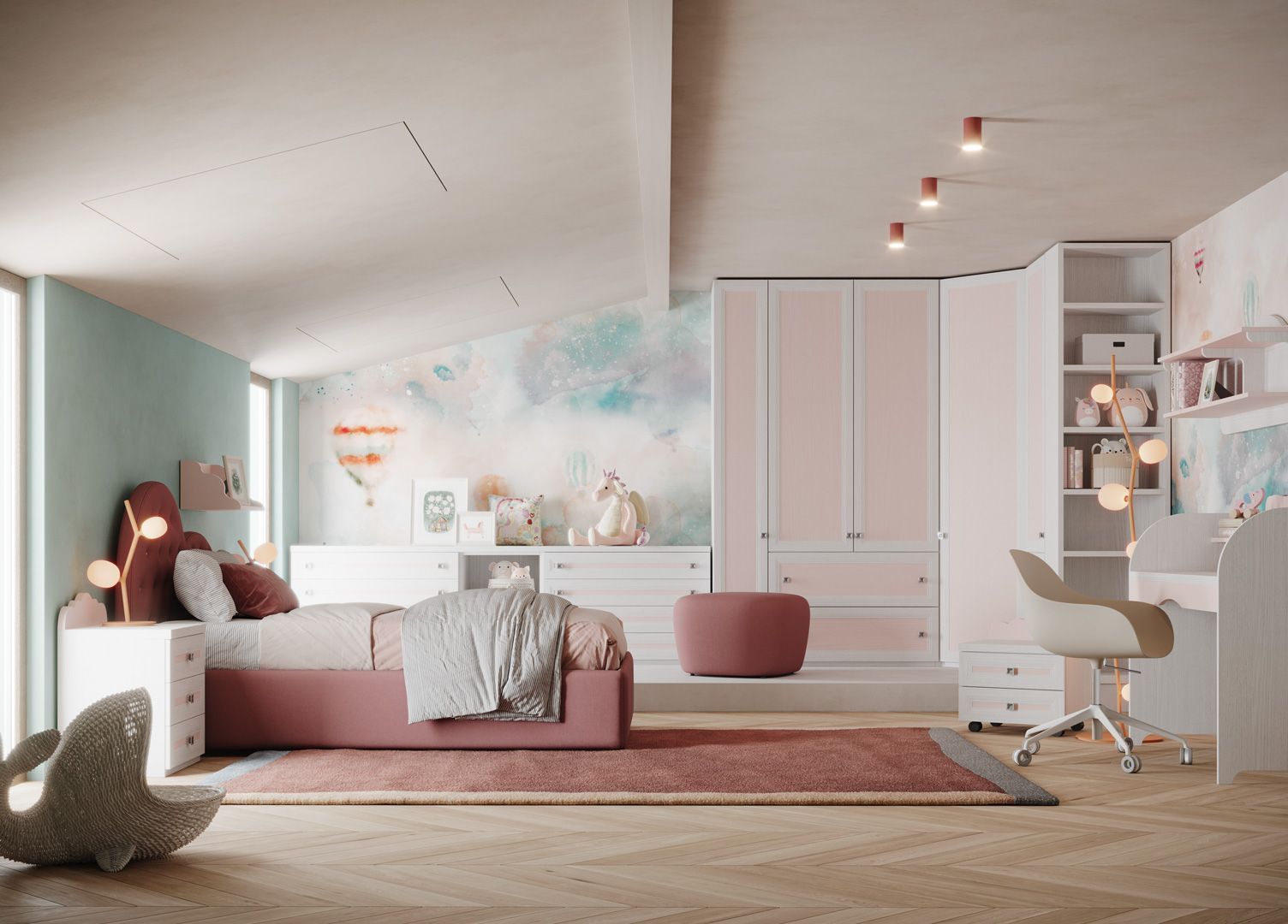 Camera da letto per bambina con mobili rosa e bianchi, scrivania, letto, armadio e un tappeto grigio su pavimenti in legno.