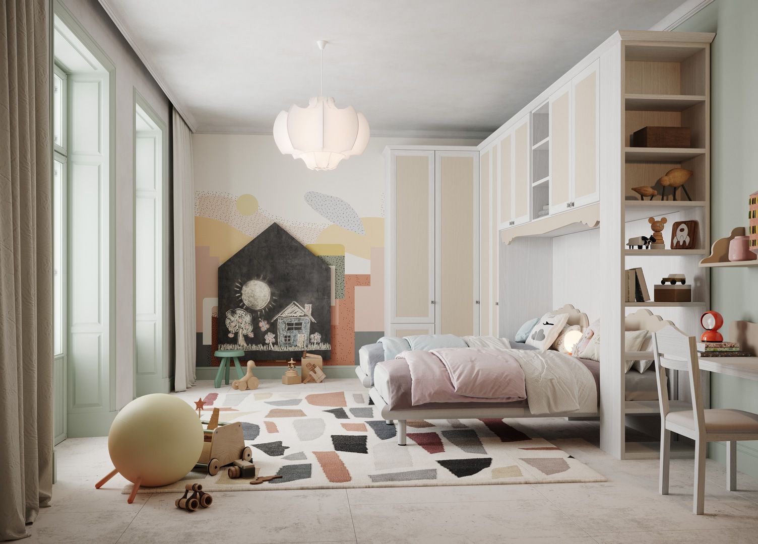 Camera da letto per bambini con colori pastello, spazio contenitore incorporato, due lett.