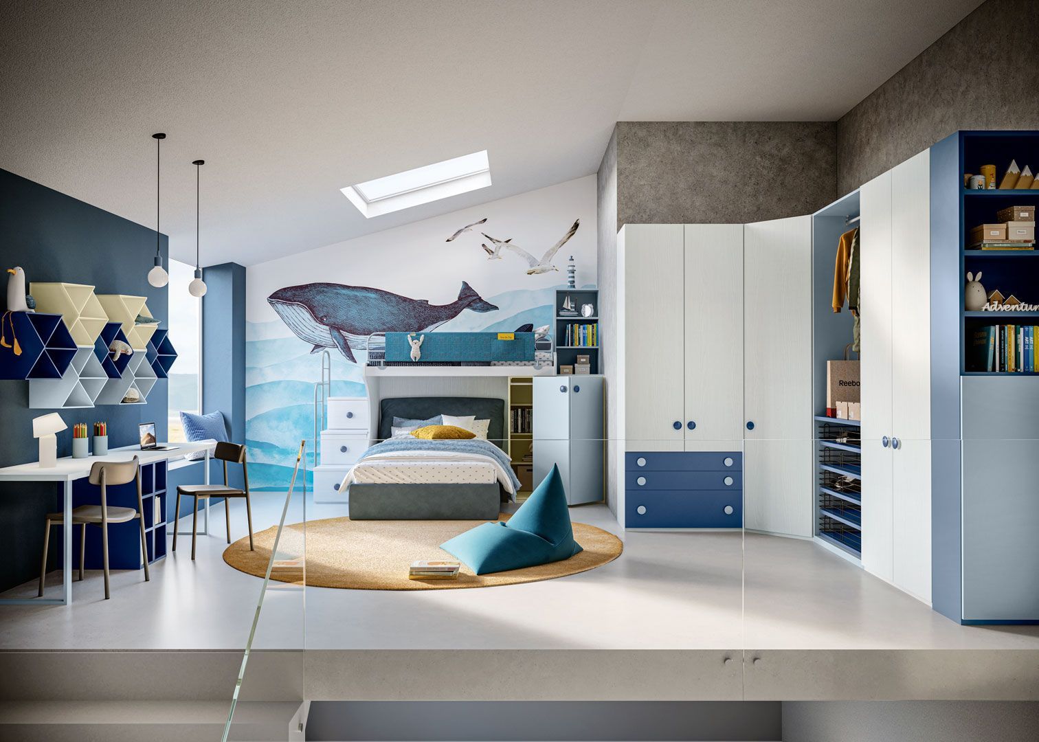 Una camera da letto a tema nautico nei toni del blu e del bianco.