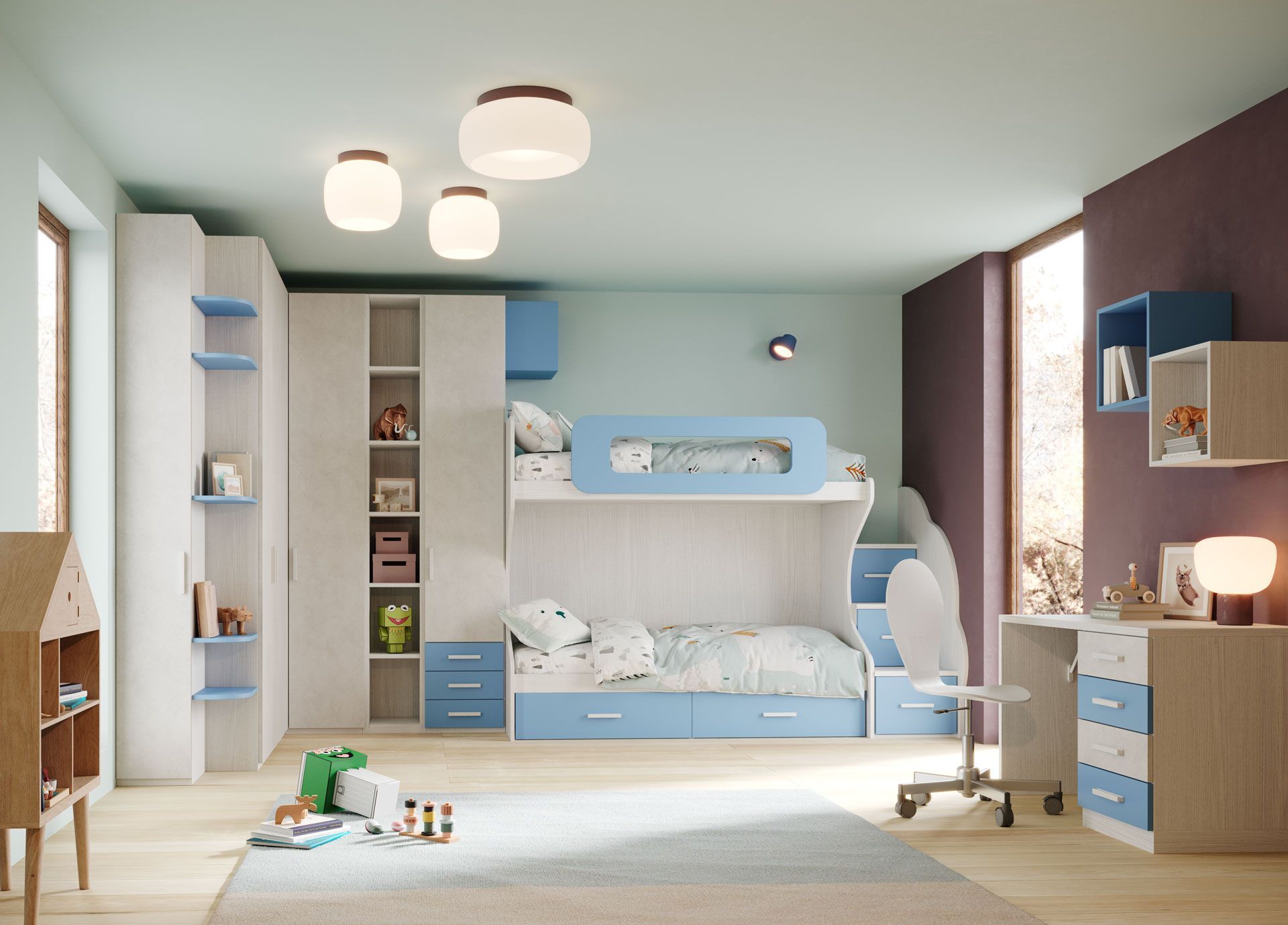 Una cameretta per bambini con letto a castello, scrivania e armadio. Mobili azzurri e bianchi contro pareti colorate.