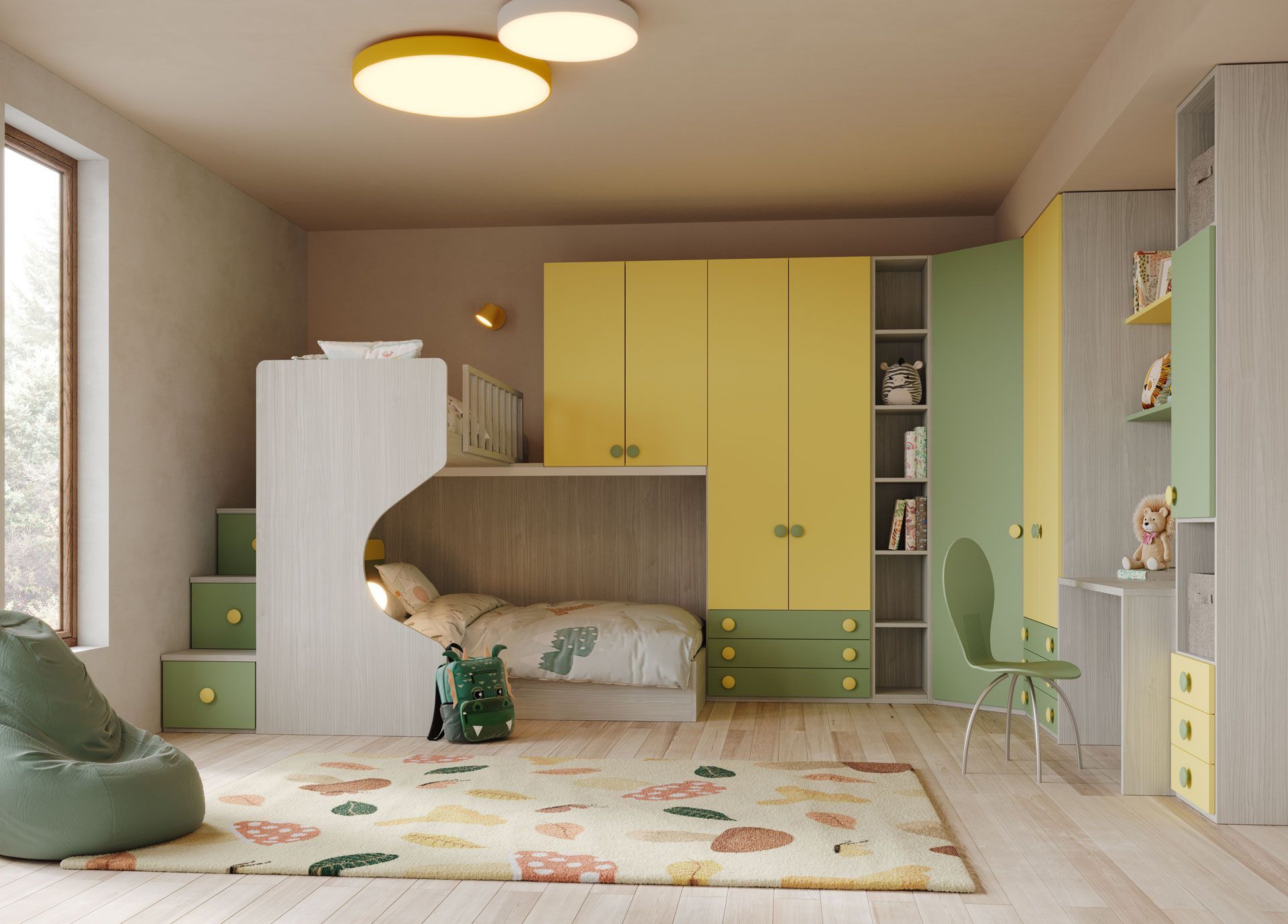 Una cameretta per bambini con un letto a castello, armadietti gialli e verdi, un tappeto e una scrivania.