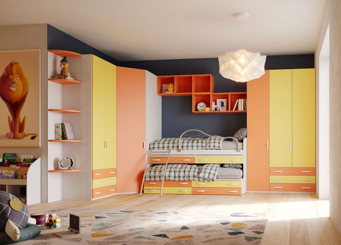 Colorata cameretta per bambini con letti a castello e armadietti. Dettagli gialli, arancioni e blu.