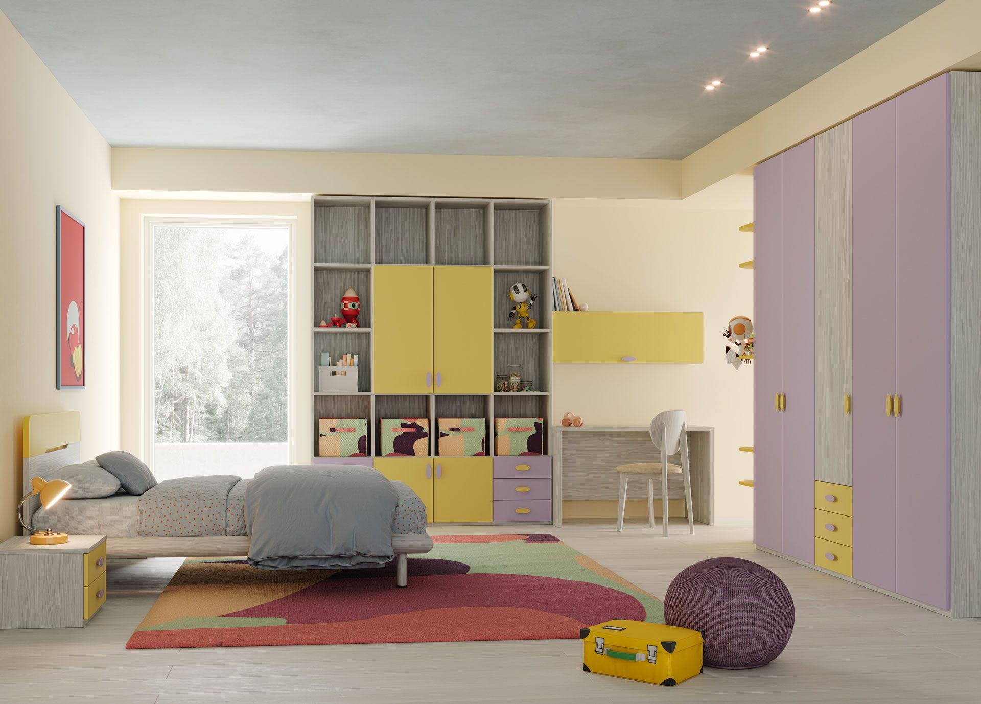 Una cameretta per bambini con letto, scrivania e armadio nei colori giallo, lavanda e grigio.