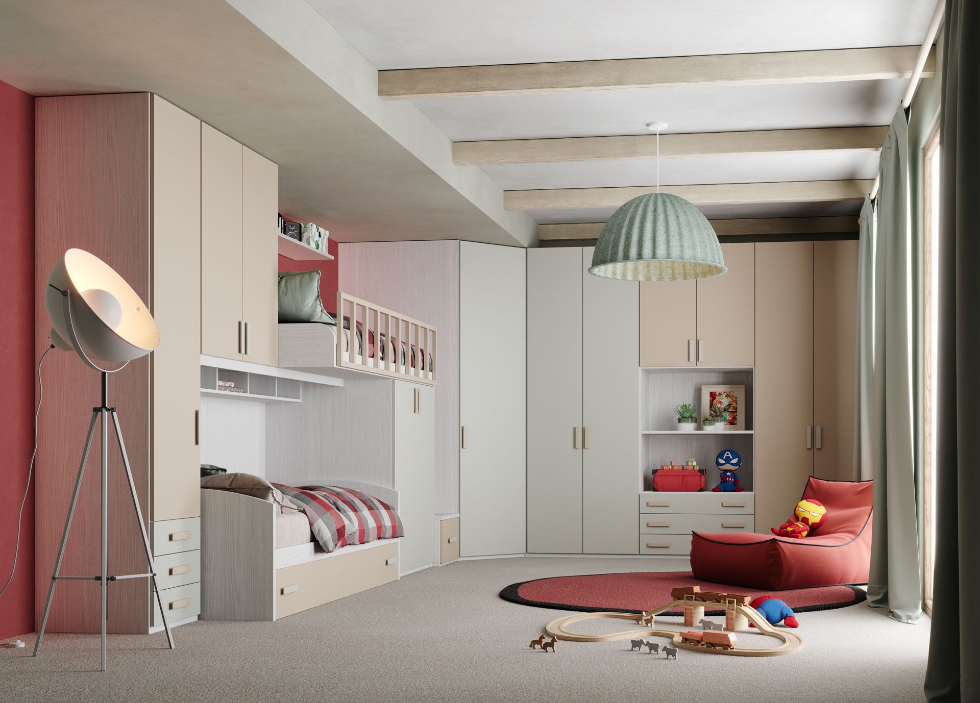 Una cameretta per bambini con un letto a castello, armadi a muro e una parete decorativa rossa.