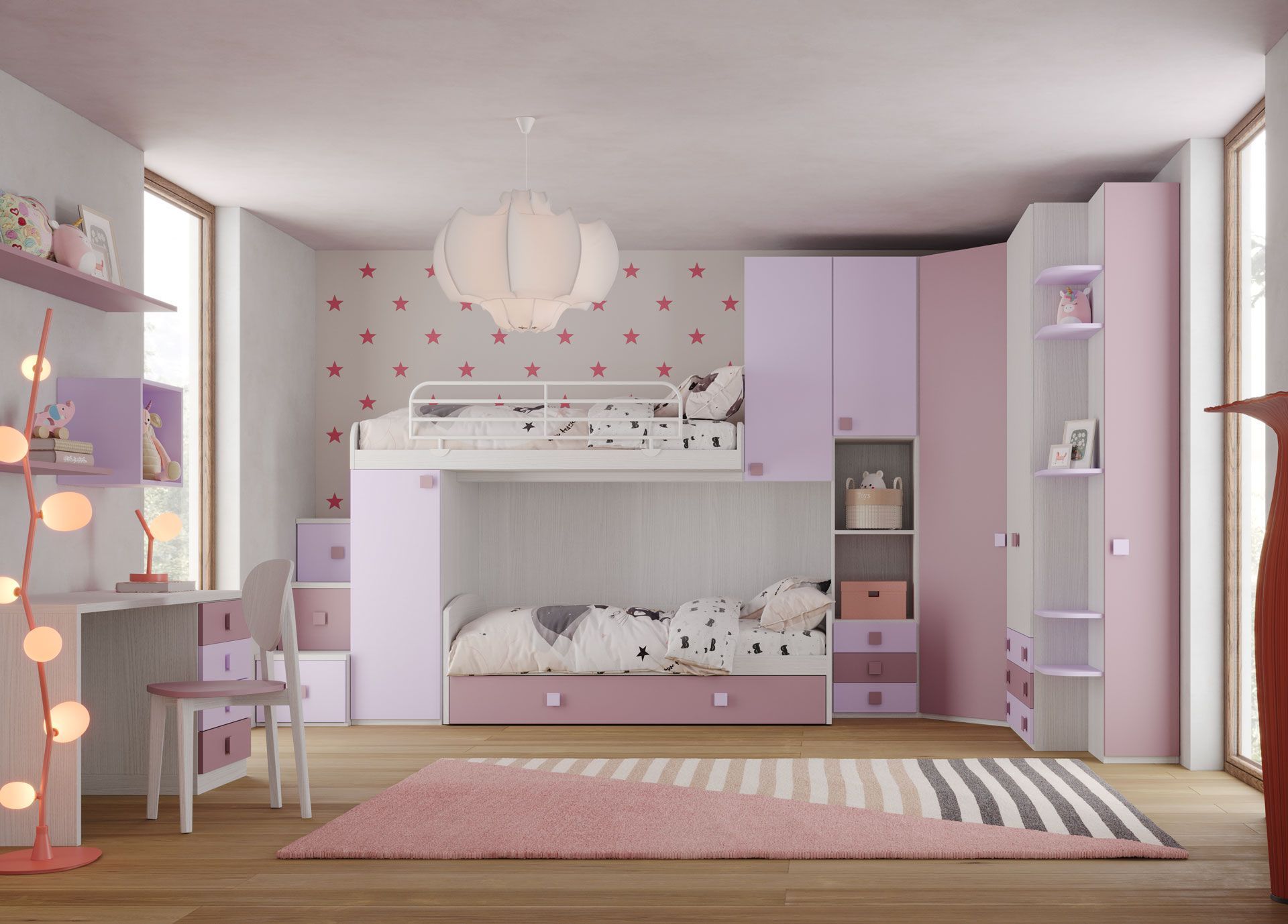 Cameretta per bambini rosa e viola con letto a castello, scrivania e armadietti.