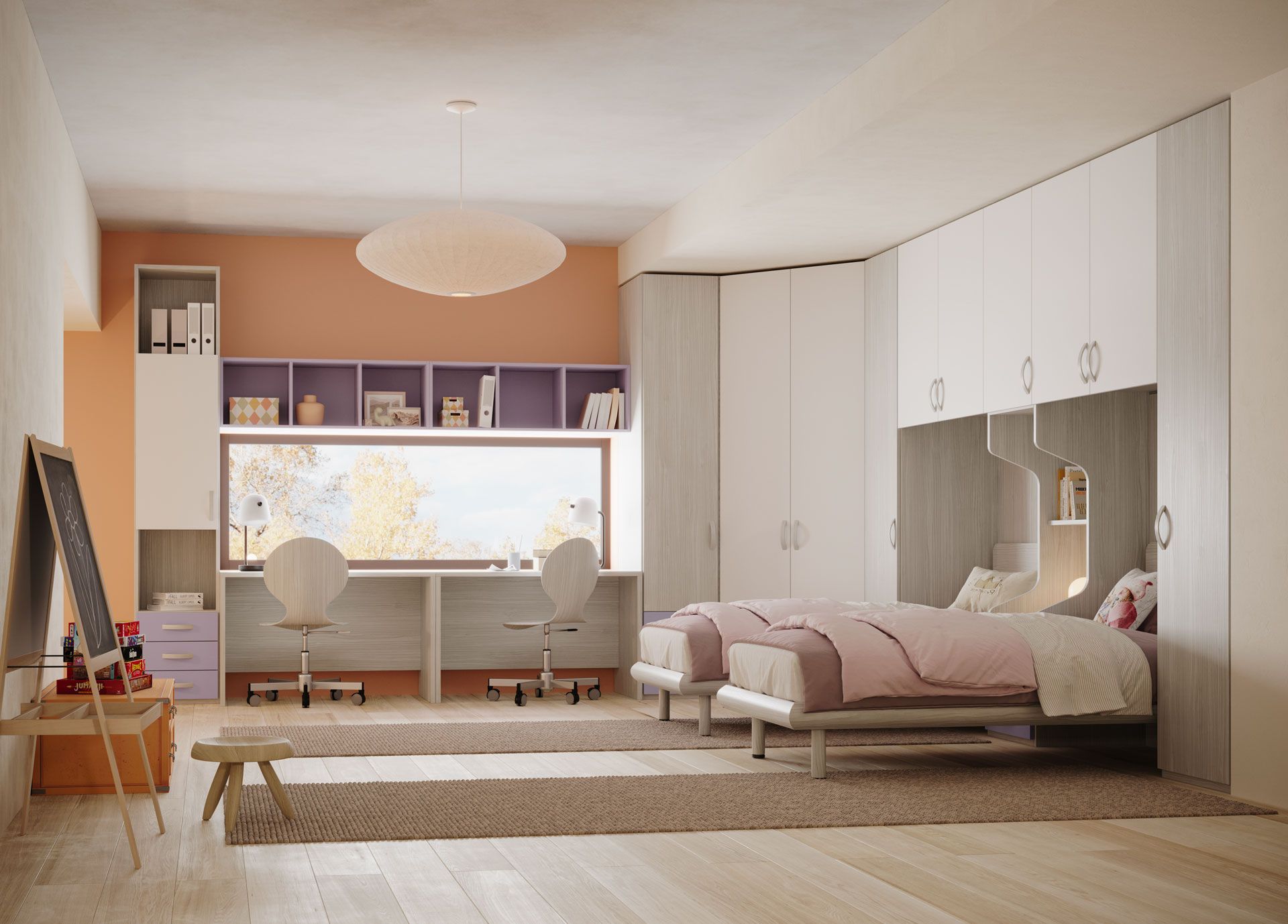 Una cameretta per bambini con due letti singoli, scrivania e spazio contenitore incorporato, nei toni del pesca e del bianco.