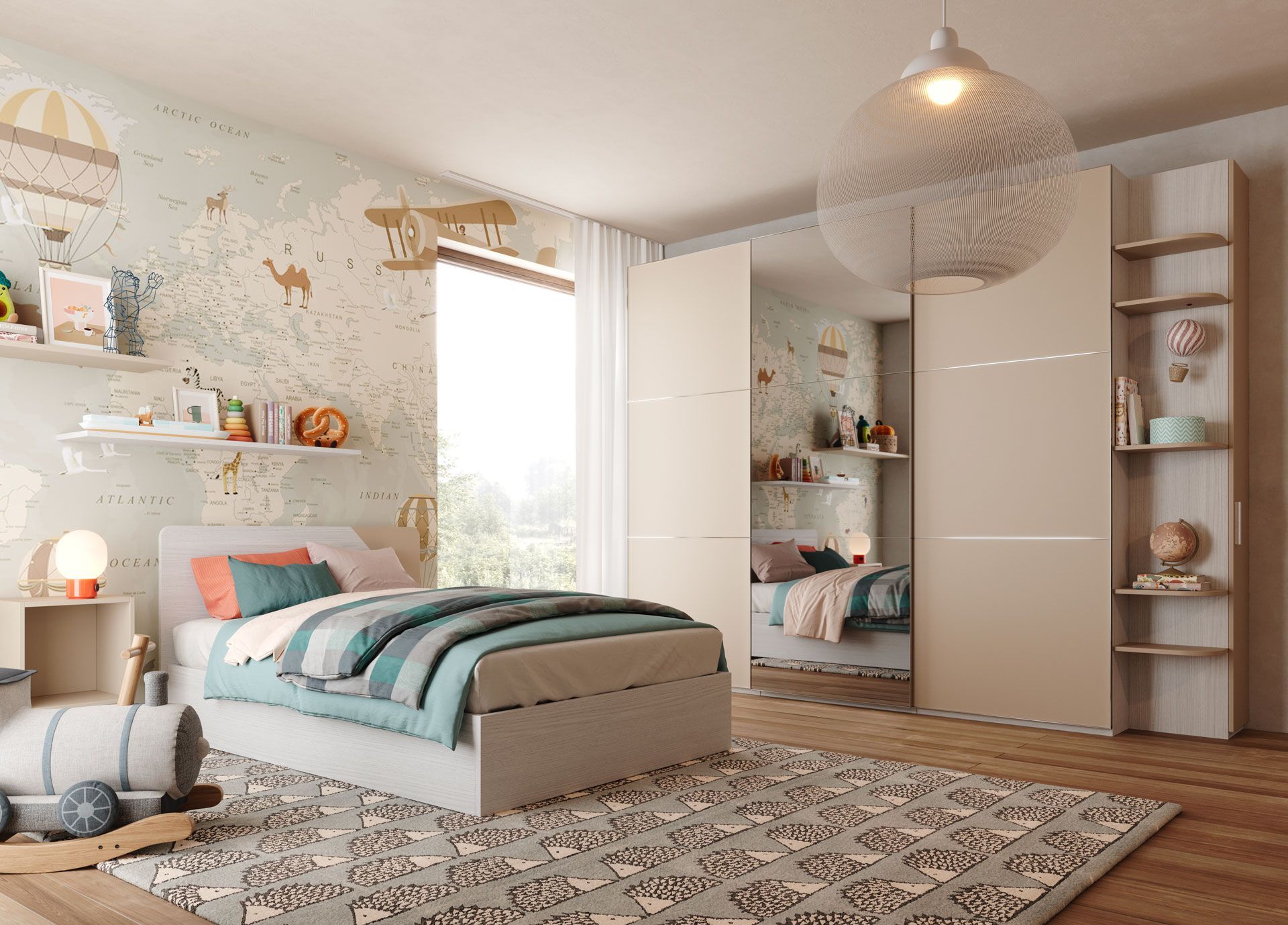 Una cameretta per bambini con letto, armadio con specchio, tappeto a fantasia e carta da parati con mappa del mondo.