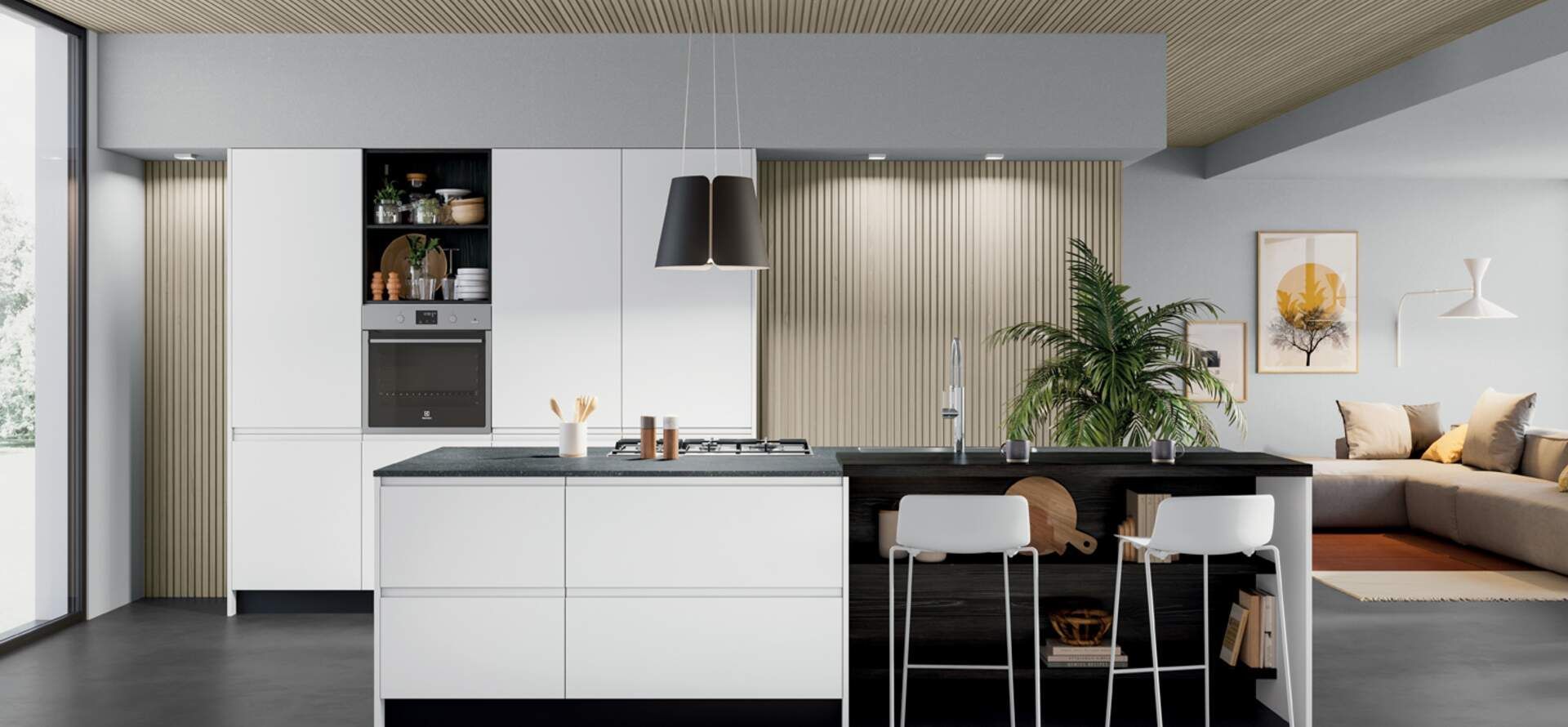 Cucina moderna con mobili bianchi, isola nera e sedute. Colori neutri con un tocco di verde e arte.