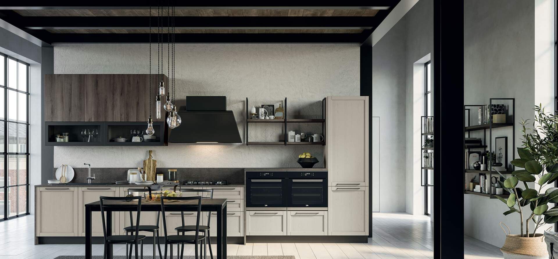 Cucina moderna con mobili in legno scuro e beige, elettrodomestici in acciaio inossidabile e tavolo da pranzo nero.