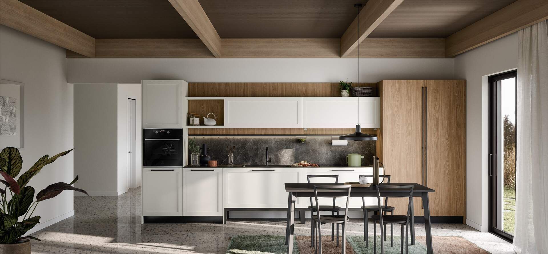 Cucina moderna con mobili bianchi, dettagli in legno e tavolo da pranzo.