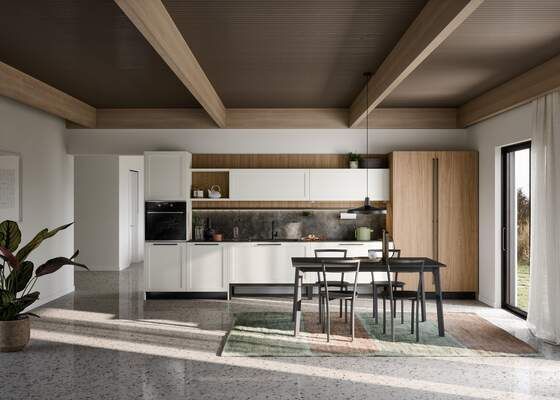 Cucina moderna con mobili bianchi, travi in legno, tavolo nero e ampia finestra.