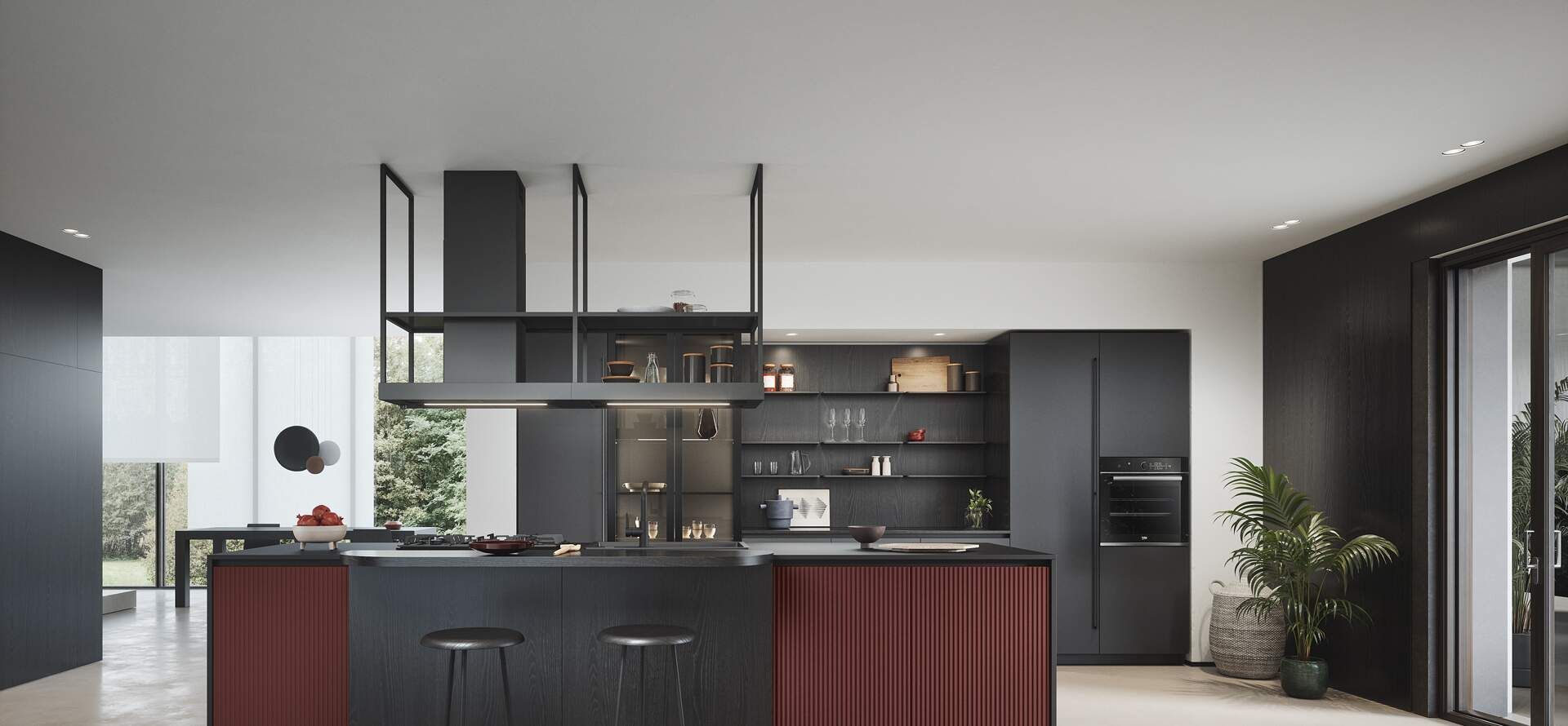 Cucina moderna con colori scuri, isola con accenti rossi e una grande finestra.