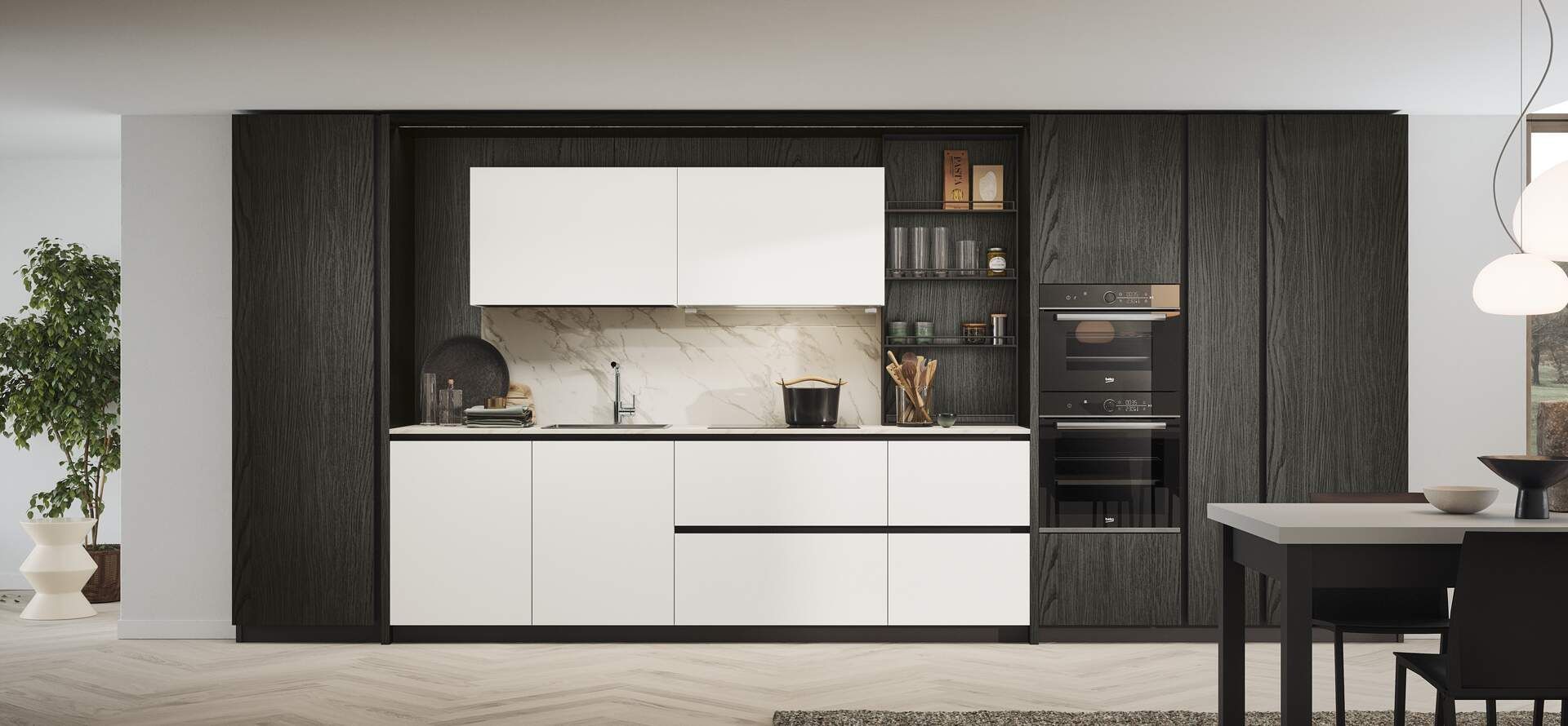 Cucina moderna con mobili bianchi, pannelli in legno scuro ed elettrodomestici da incasso.