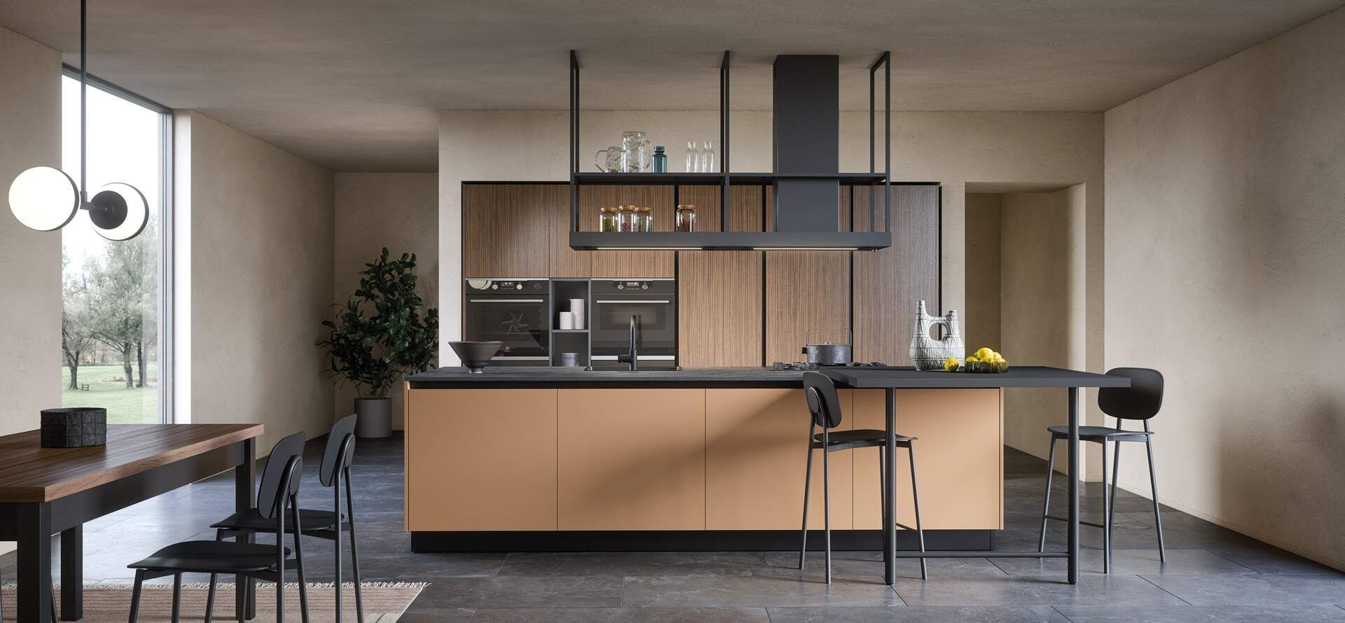 Cucina moderna con isola, tavolo da pranzo e ampia finestra. Colori neutri, design elegante ed estetica minimalista.