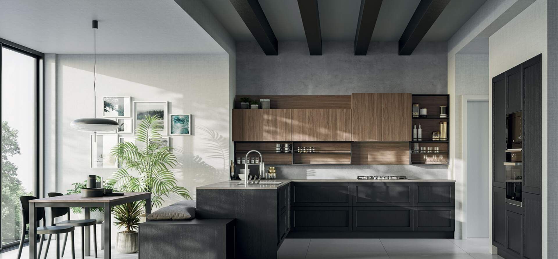 Cucina moderna con mobili scuri, dettagli in legno e ampie finestre.