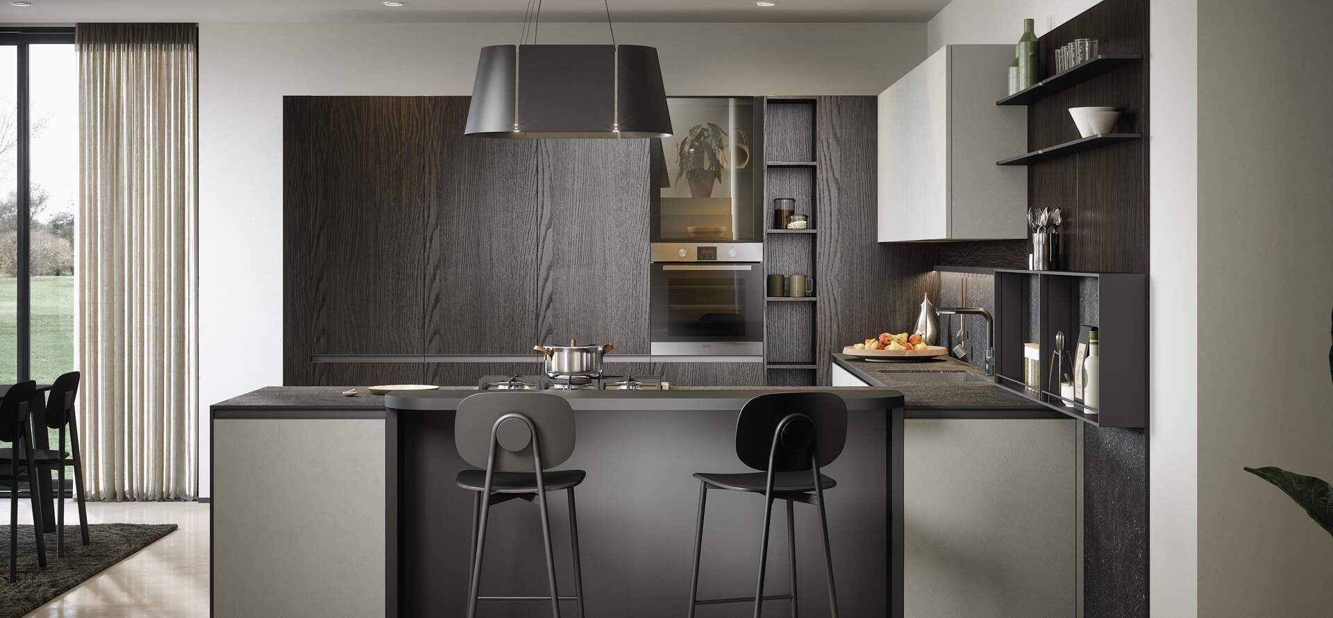 Cucina moderna con paraschizzi in pietra e isola con sgabelli da bar.