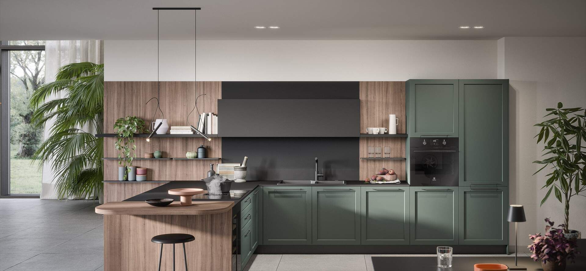Cucina moderna verde e legno con isola e ampia finestra.