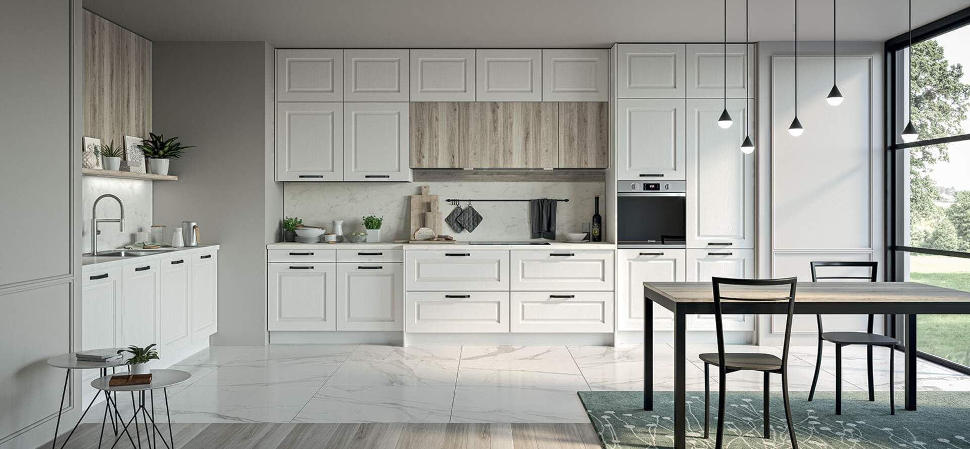 Moderna cucina bianca con dettagli in legno e tavolo da pranzo di fronte a una grande finestra.