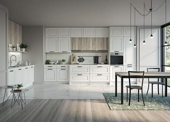 Cucina moderna con mobili bianchi, dettagli in legno e tavolo da pranzo con sedie.