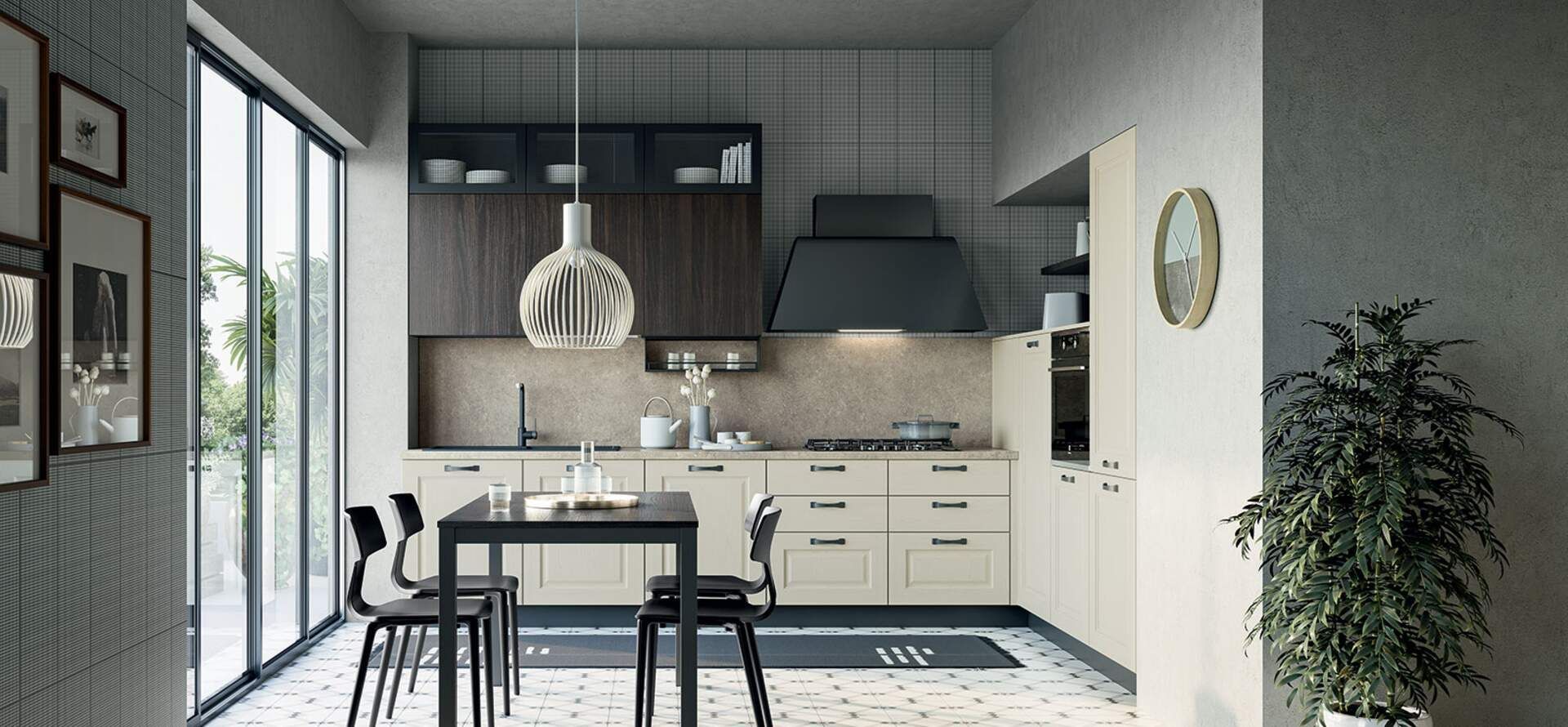 Cucina con tavolo da pranzo, ampia finestra, mobili, cappa aspirante e dettagli decorativi.