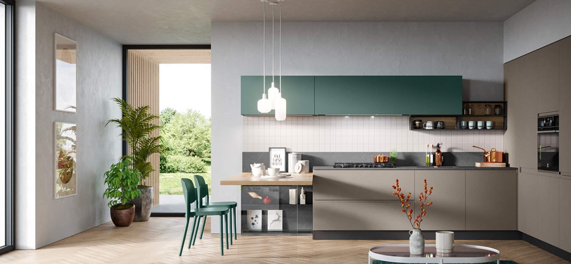 Cucina moderna con mobili verdi e grigi, un tavolo con sedie verdi e ampie finestre.