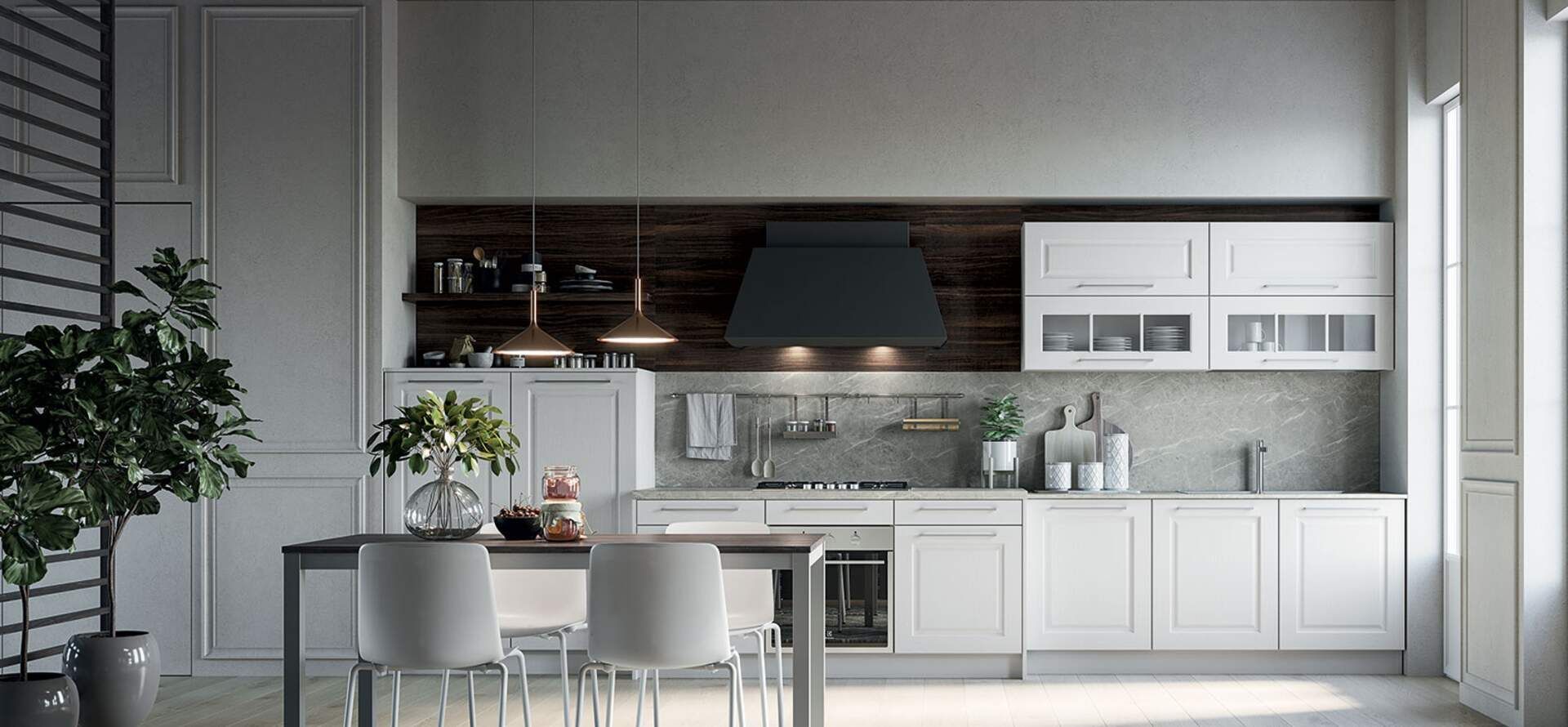 Moderna cucina bianca con cappa scura, paraschizzi in legno e tavolo da pranzo.