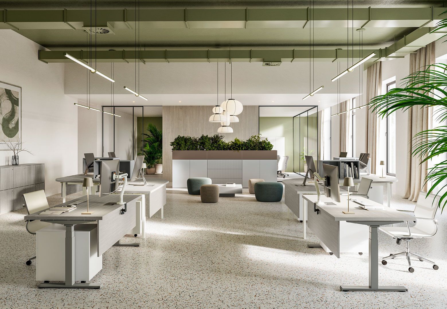 Ufficio moderno con scrivanie, piante e lampade. Colori bianco, verde e grigio.