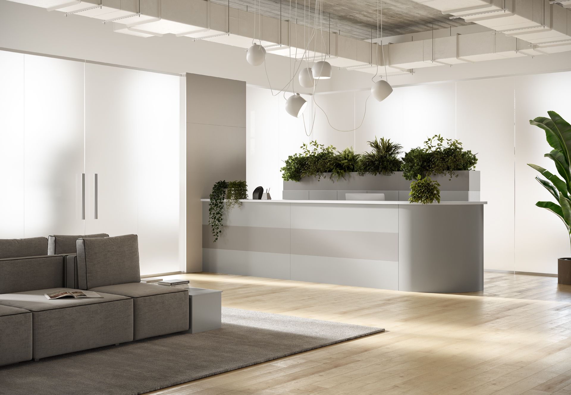 Moderna area reception per ufficio con divano grigio, bancone reception bianco con piante e pavimenti in legno.