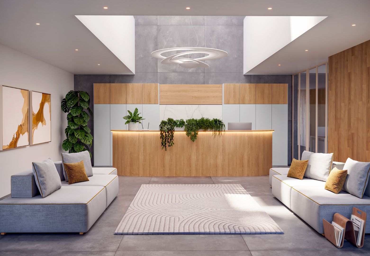 Moderna hall con reception, divani, piante e opere d'arte. La luce del sole filtra dall'alto.