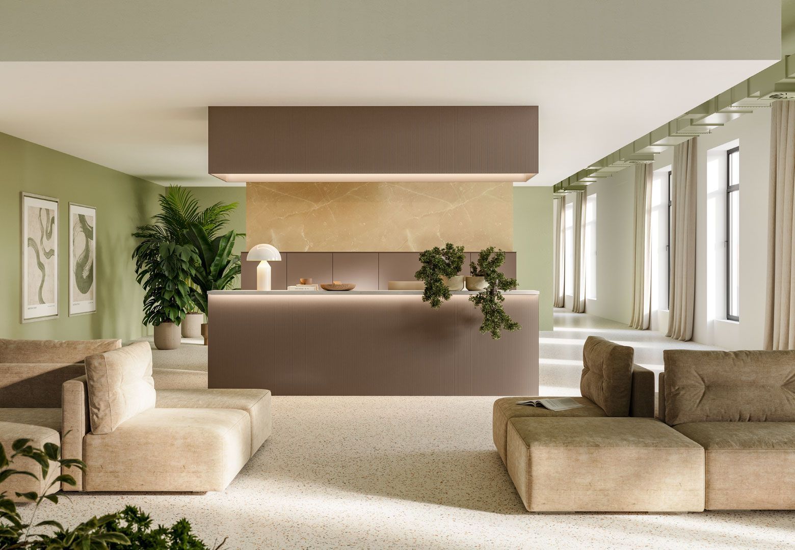 Moderna area reception con toni neutri, pareti verde chiaro, pavimento in terrazzo e piante.