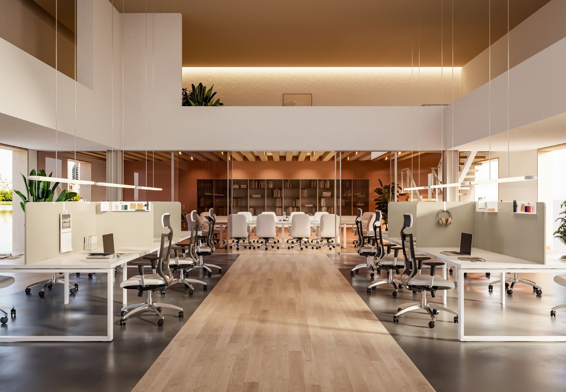 Interno di un ufficio moderno con scrivanie, sedie e una sala conferenze dietro una vetrata.