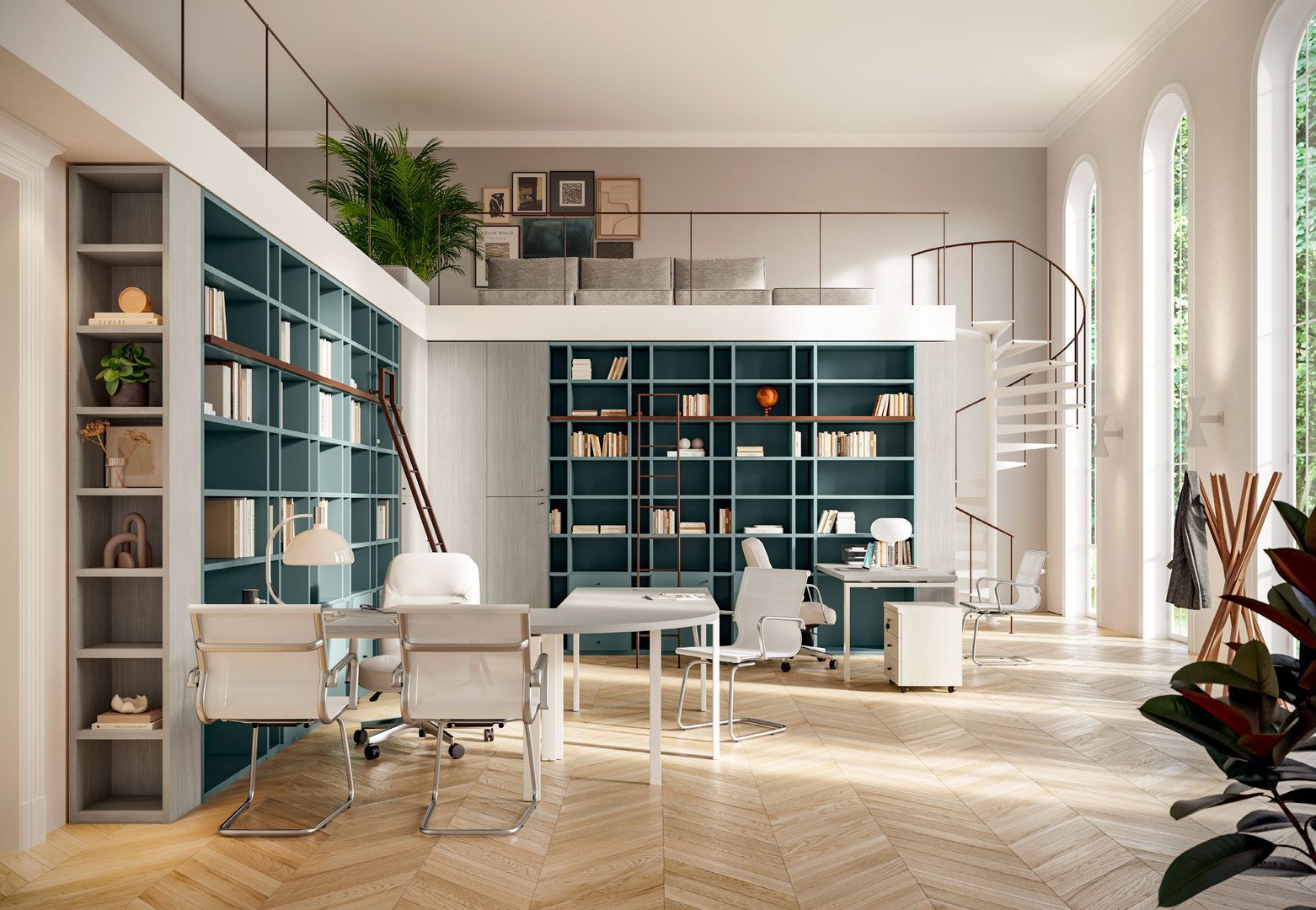 Ampio ufficio con soppalco, librerie, scrivanie bianche e una scala a chiocciola, in uno spazio luminoso e arioso.