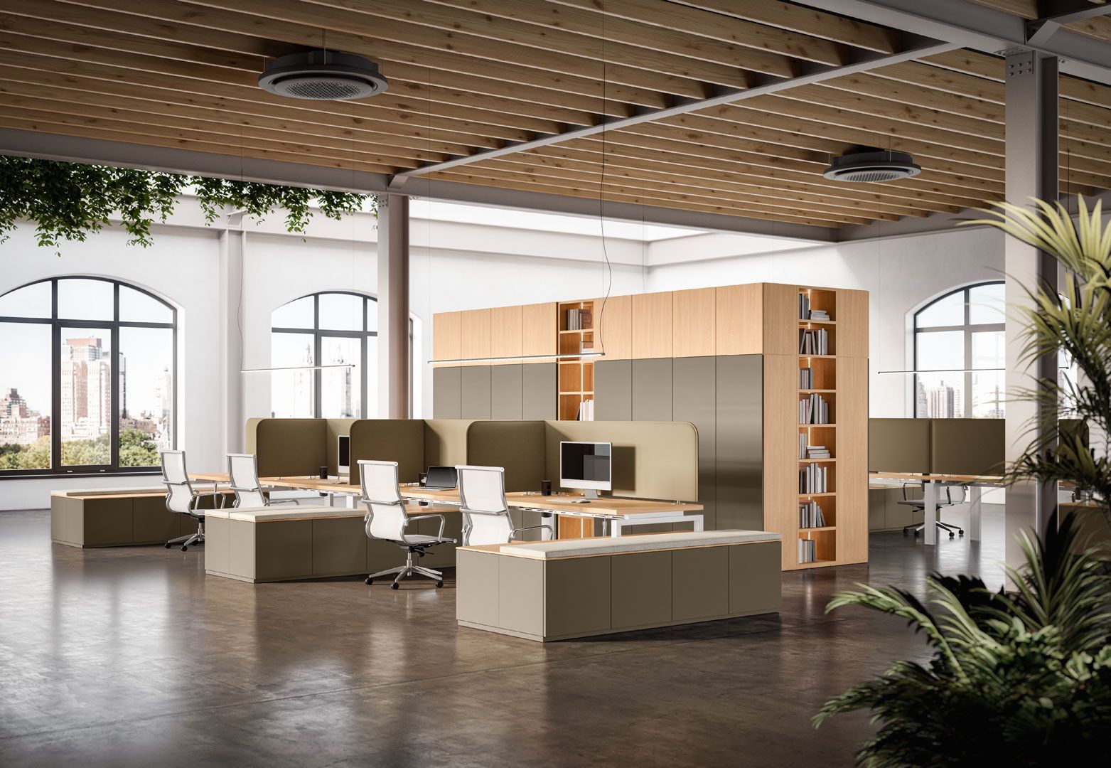Ufficio open space con scrivanie modulari, toni neutri, dettagli in legno, piante e finestre ad arco.
