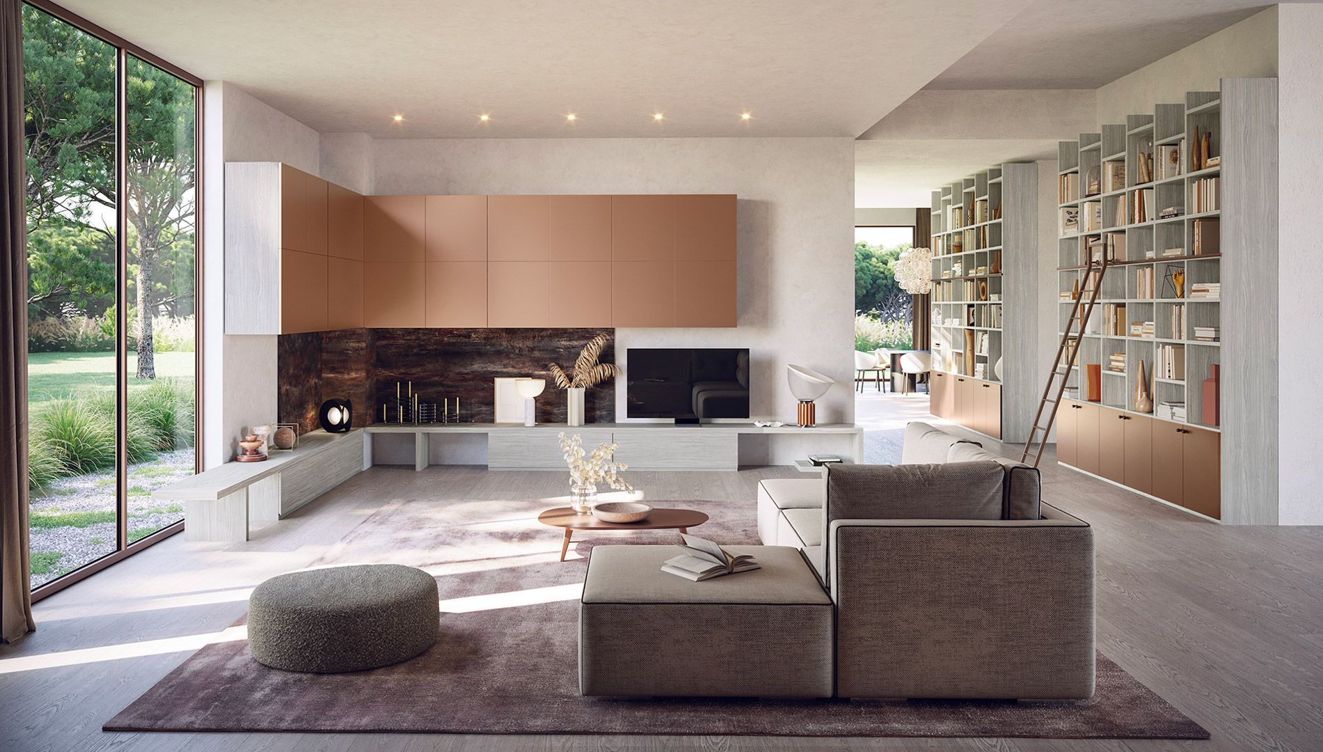 Soggiorno moderno con mobili marroni e beige, ampie finestre e scaffali integrati.