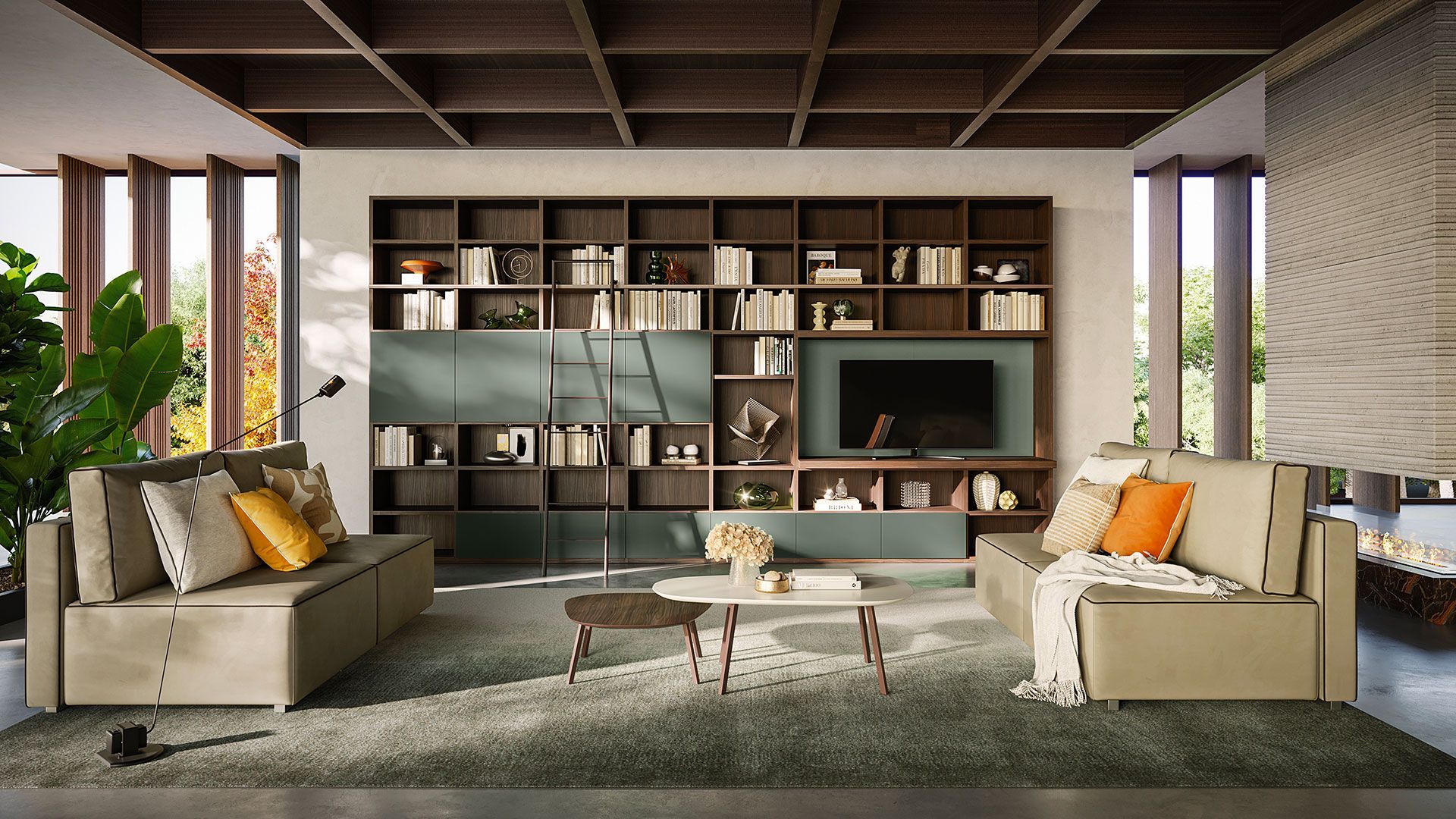 Soggiorno con moderna libreria integrata, due divani beige, tavolino da caffè e camino.