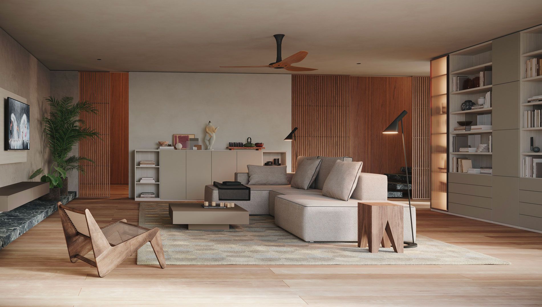 Soggiorno moderno con pannelli in legno, toni neutri e divano componibile.