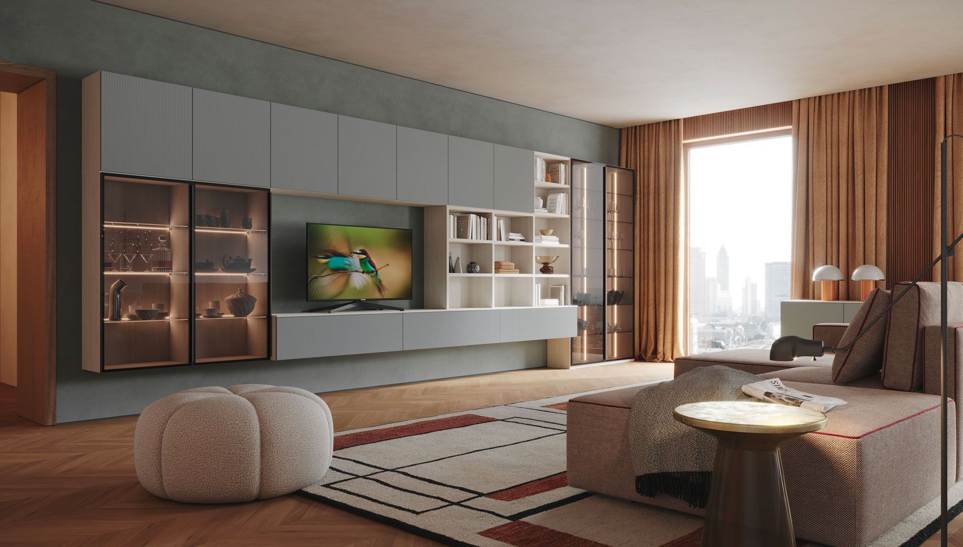 Soggiorno moderno con TV, divano, tappeto e spazio contenitore integrato. Palette di colori neutri, finestra a tutta altezza.