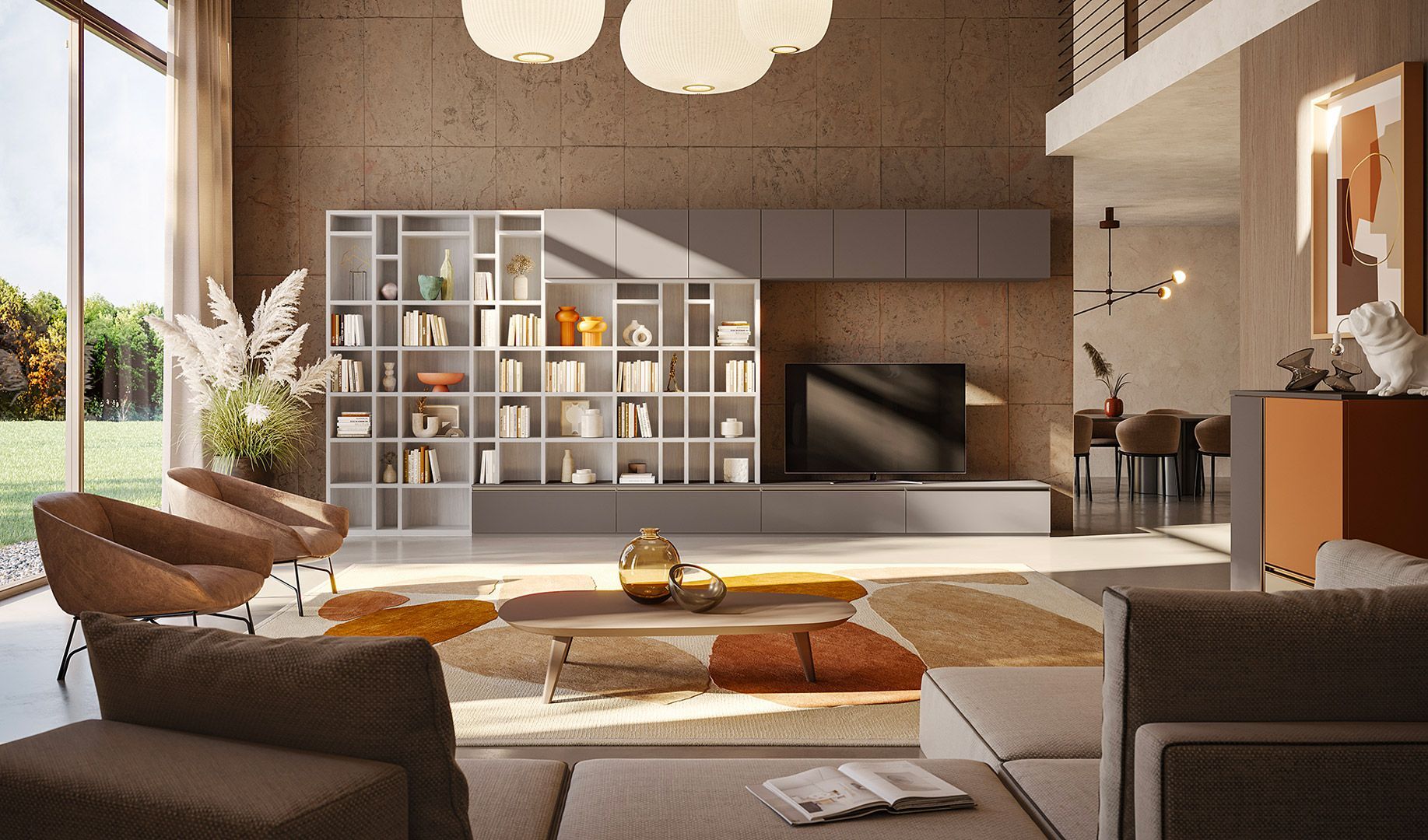 Soggiorno moderno con scaffali integrati, ampie finestre e una palette di colori neutri con tocchi di arancione.