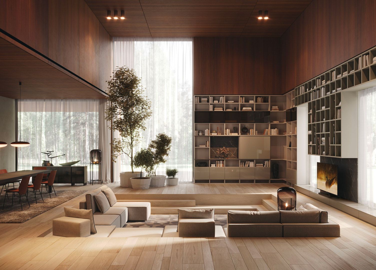 Soggiorno moderno con pareti in legno, scaffali integrati