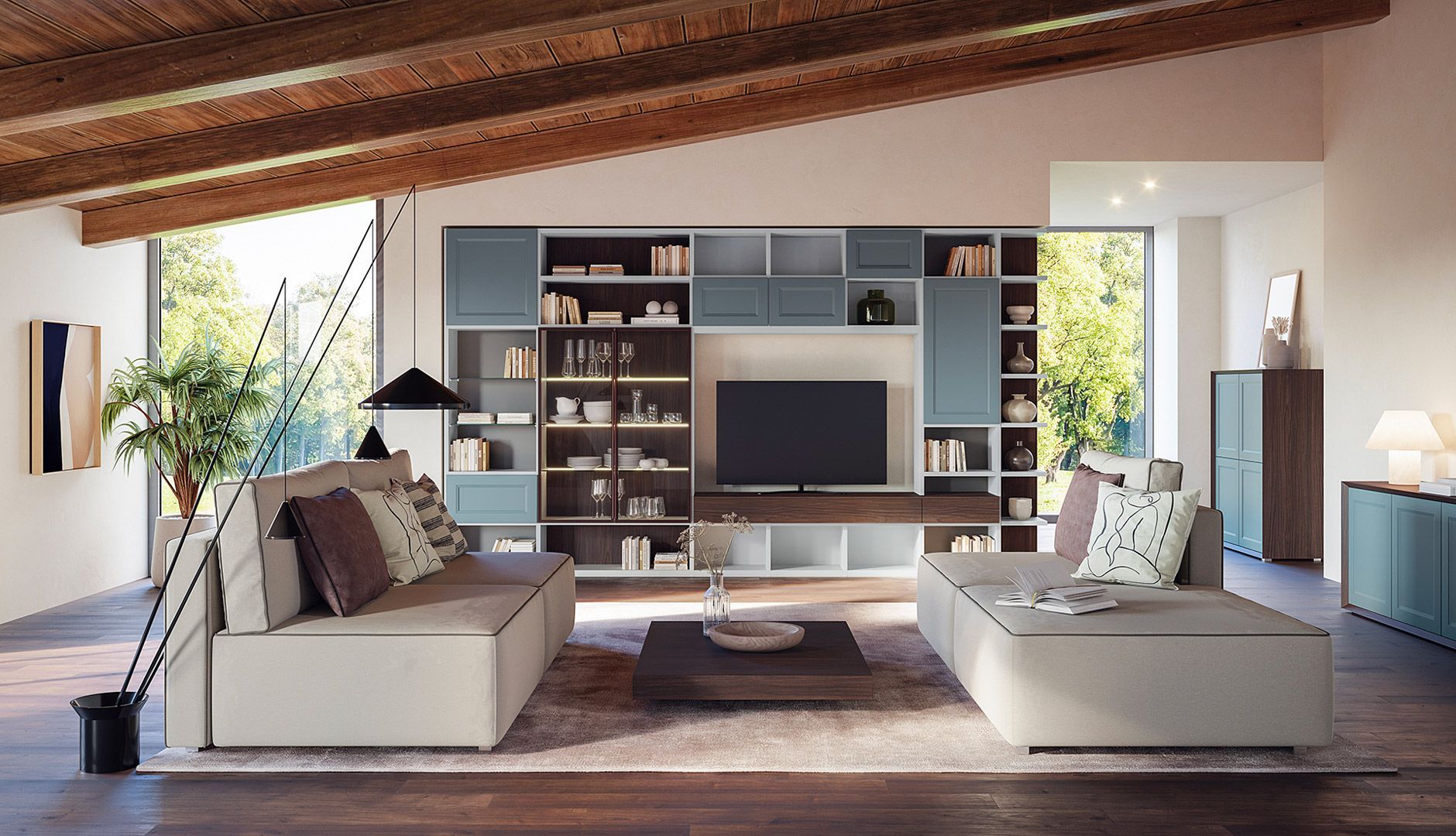 Soggiorno moderno con scaffalature blu e bianche, divani e ampie finestre.